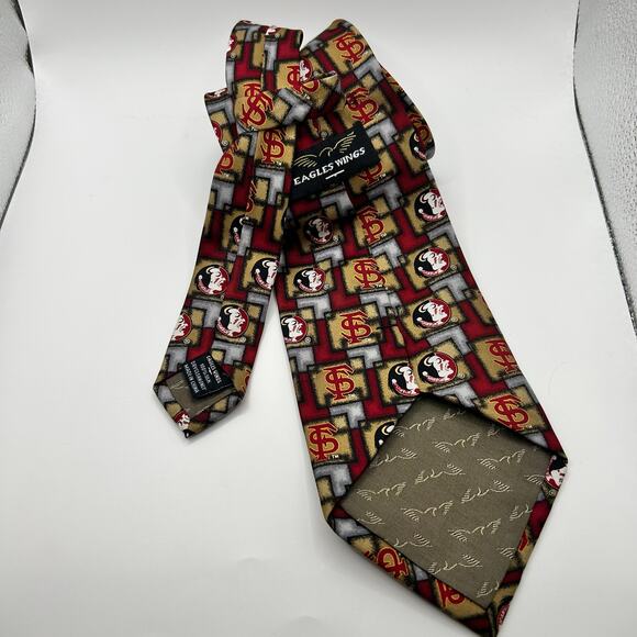 Eagles Wings Florida State Seminoles Wide Neck Tie Red Gold Black 100% Silk - Picture 1 of 3